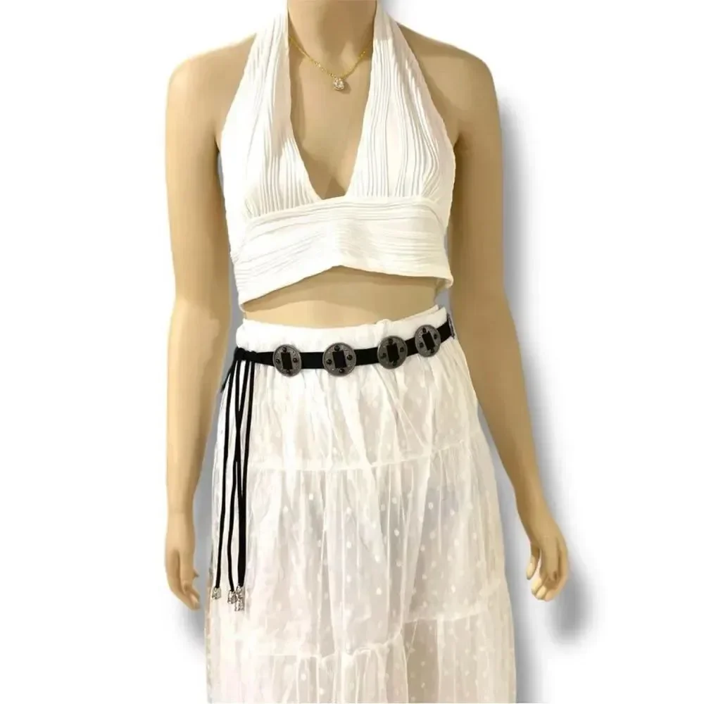 Black Suede Silver Aztec Medallion Disc Fringe Belt OS